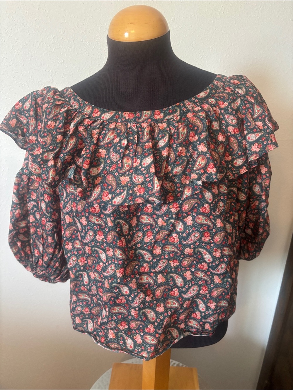 Doen Paisley Ruffle Neck Blouse Balloon Sleeve Top
